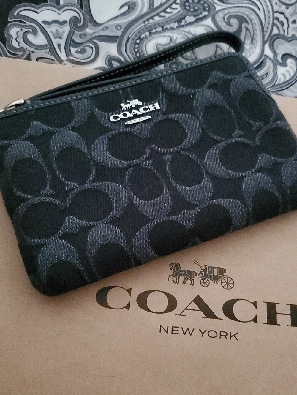 Coach Black Denim Black Signature Pattern Wristlet with Silver Logo